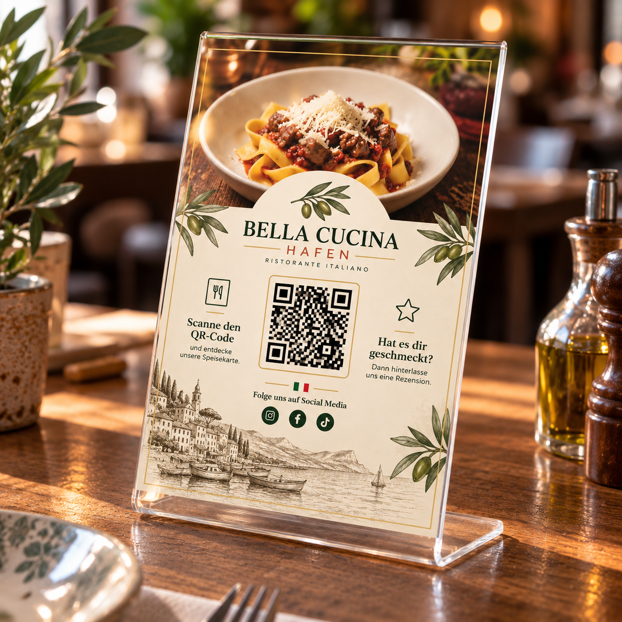 A6-Tisch-Aufsteller von Bella Cucina Hafen mit dem QR-Code der Speisekarte